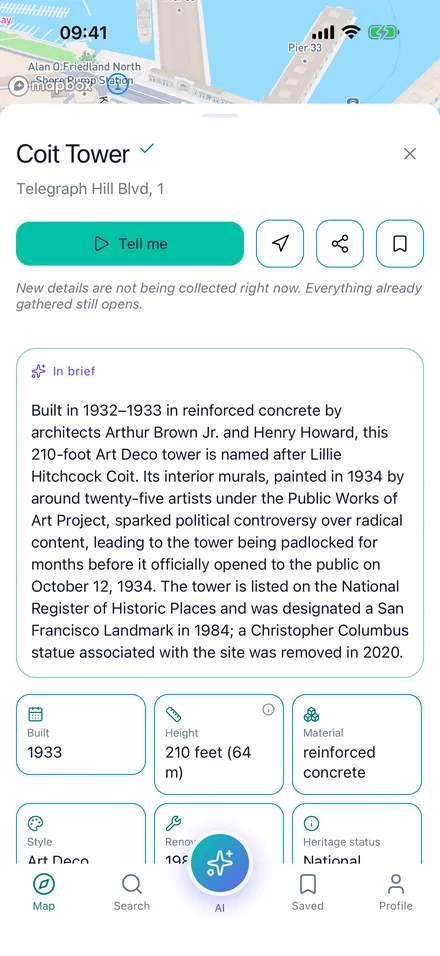 The Coit Tower card: a short summary and fact tiles with sources.
