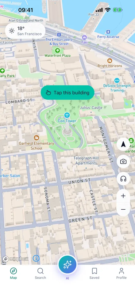 The AWG map of San Francisco with the hint “Tap this building”.