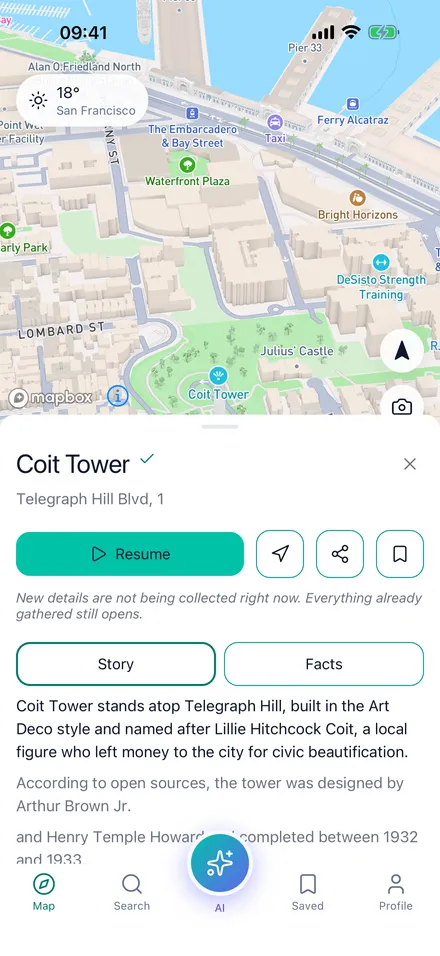 The Coit Tower story on the Story tab, its text being read.